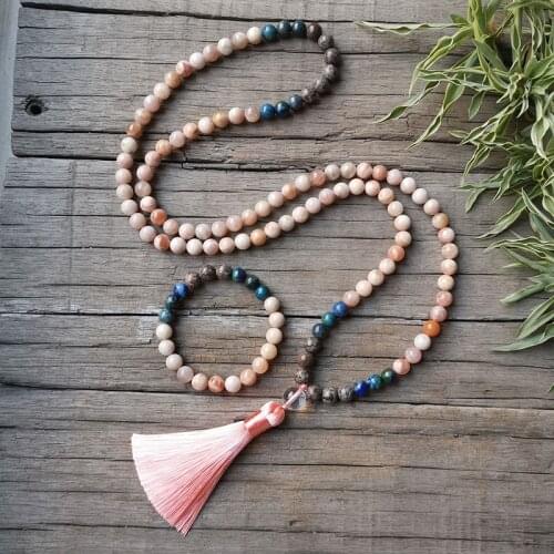 8mm Natural Stone Beads,Sunstone, Gray Snowflake, Warm,JapaMala Sets,Spiritual Jewelry,Meditation,Inspirational, 108 Mala Beads