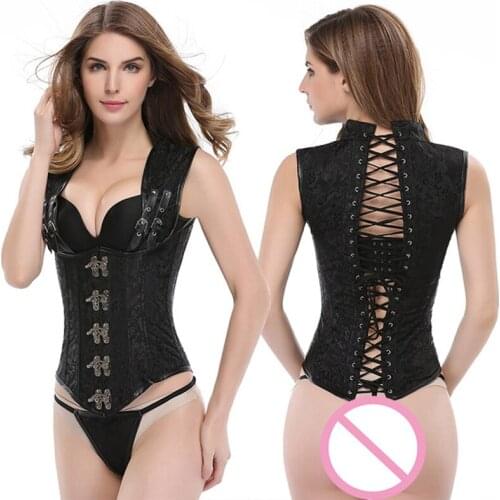 Plus Size Black Brocade Corset Top Lace Back Sexy Corset Vest Steampunk Underbust Gothic Clothing Boned Corsets And Bustiers 6XL