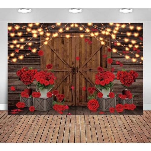 Red Roses Photography Backdrop No Wrinkles Flowers Rustic Wood Floor Background Wedding Bridal Shower Decor Birthday Banner