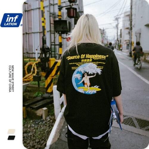 Fashion Source of Happiness, Surfing Printed Drop Shoulder Sleeve T-Shirt High Street Trend Hip-Hop Cotton Unisex T Shirt NO56