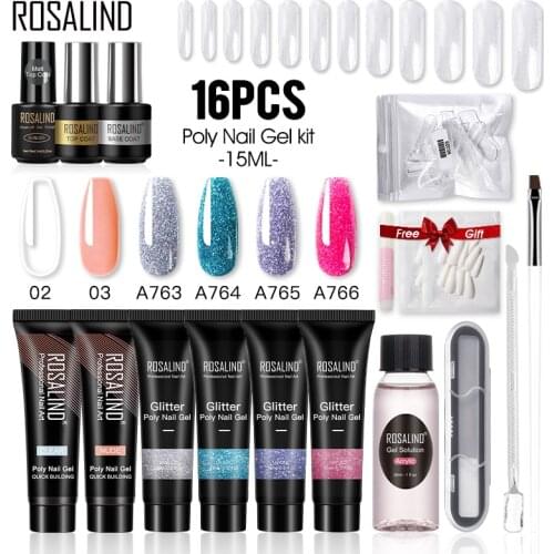 ROSALIND 15ML Poly Nail Gel Kit with Tool of Finger Quick Gel Polish Nail Extension Slip Solution Nail Art Set Manicure Soak Off