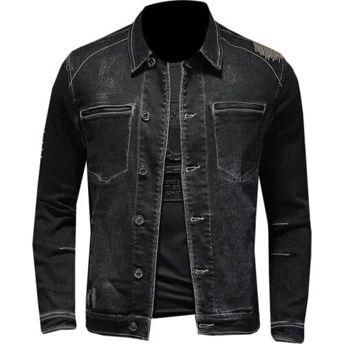 Spring and Autumn Black Fashion Casual Men Embroidery Turndown Collar Single Breasted Slim Retro Long Sleeve Mens Denim Jacket