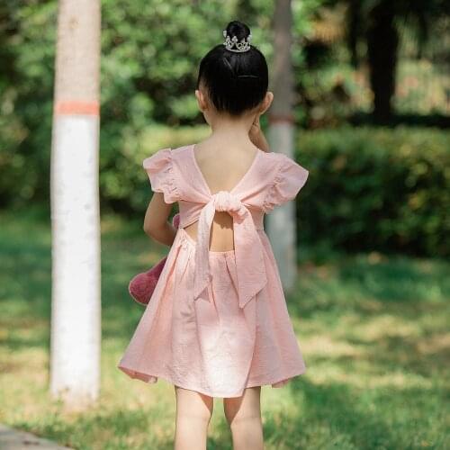 Little Girl’s Summer Sweet Princess Dress Cotton and Linen Dress for Children Solid Color Bow Backless Pleated A-line Sundress