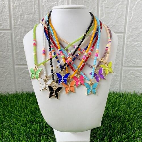 Fashion Trendy Acrylic Butterfly Chain Necklace Colorful Rice Beads Resin Acrylic Butterfly Pendant Necklace