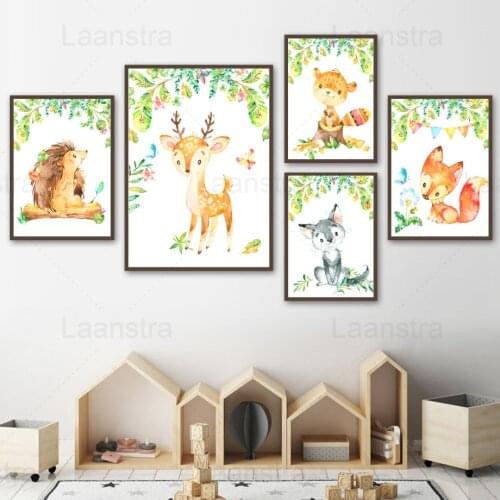 Cartoon Childrens Room Decoration Painting Forest Small Animals Living Room Canvas Painting Fox Hedgehog Elk Kids Room Poster