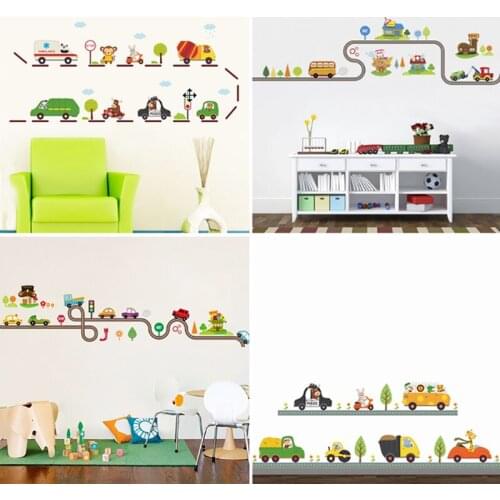 Catoon Animal Drive Truck Car Excavator Wall Stickers For Kindergarten Kids Room Home Decoration Diy Safari Mural Art Pvc Decals