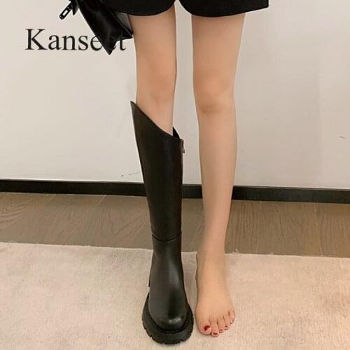 Kanseet Size 34-43 New Women Long Boots 2021 Autumn Winter Round Toe Mid Heels Shoes Black Slim Zipper Female Knee-High Boots
