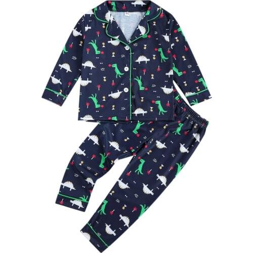 Baby Girls Boys Cartoon Print Dinosaur Pajamas Sets Long Sleeve Button Tops Elastic Waist Pants Infant Toddler Sleepwear 1-7Y