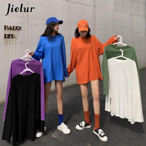Jielur Autumn T Shirt Women O-neck Solid Color Long Sleeve Tee Shirt Femme Top Hipster Loose Tshirt Long Korean White T-shirt