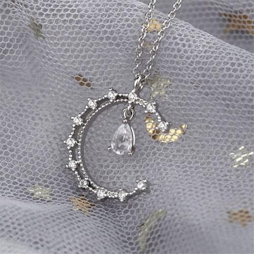 Ins Trendy Moon Water Drop Pendant Necklaces For Ladies Female Present Cubic Zircon Chain Womens Jewelry