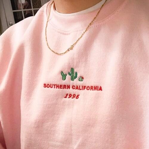 Autumn Southern California Cactus Embroidery Print Pink Sweatshirts Crewneck Vintage Style Thick Warm Cute Pullover For Women