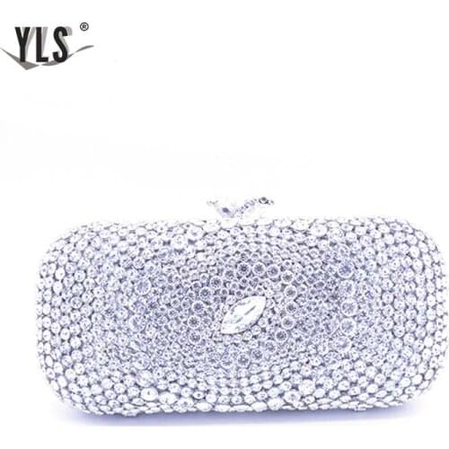 Luxury Celebrity Women Silver Crystal Clutches Bag Evening Party Purse Bridal Flower Rhinestone Handbag Ladies Diamond Bolso
