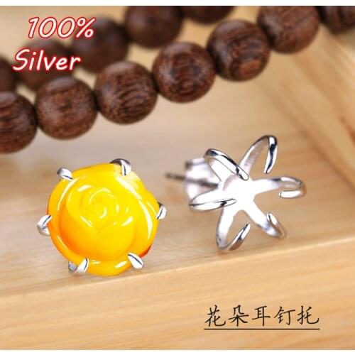 100% 925 Sterling Silver Color Stud Earrings Blank Accessories DIY 8MM Mosaic Wax Amber Turquoise Earrings