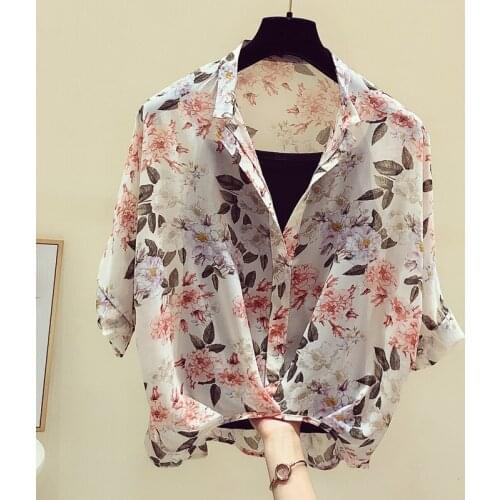 Chiffon Two-Pieces Women Blouse Summer New 2021 Design Floral Batwing Sleeved Loose Elegant Office Lady Pulls Outwear Tops