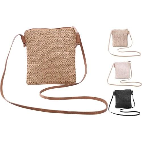 Straw Plait Small Square Bags One Shoulder Slanted Cross Bag Handbag Coin Purses Casual Holiday Beach Bag