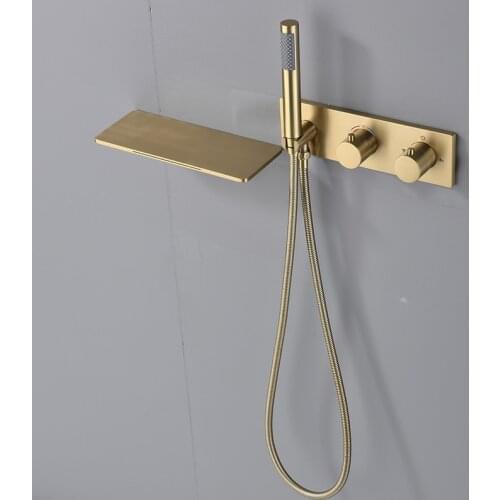 Thermostatic Waterfall Bathtub Faucet Brushed Gold Wall Mounted Large Shelf Platform Basin Water Mixer With Handheld Shower