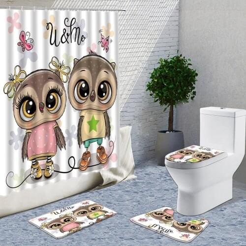 Cartoon Animal Shower Curtain Fabric Set Cute Owl Print Bath Things For Home Bathroom Set With Carpets And Curtain Toilet Cover