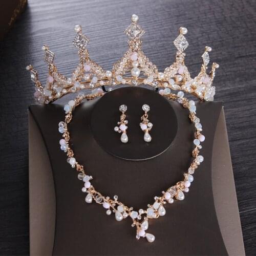 Baroque Vintage Gold Crystal Pearl Bridal Jewelry Sets Necklace Earring Rhinestone Tiara Crown Wedding African Beads Jewelry Set