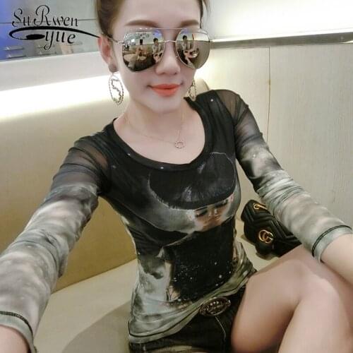 Korean Fashion Clothing 2019 New Arrival Mesh Long Sleeve Shirt Women Tops Slim Print Tops Elegant Streetwear Tops 7296 50
