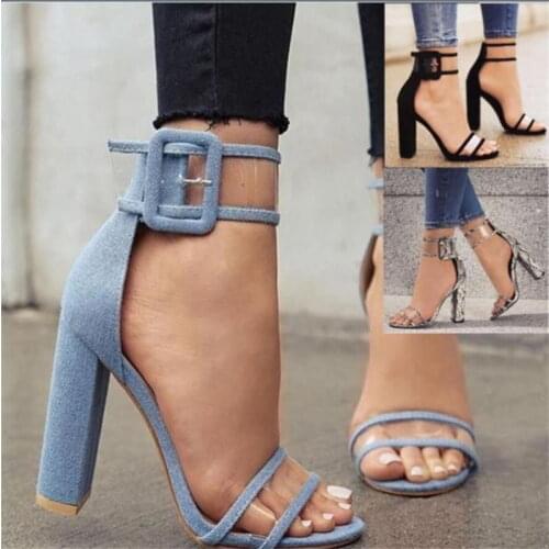 Women sandals PU Buckle Strap 9CM Thick heel Round Toe Shallow women shoes sandalias mujer 2020 size 35-42 black blue