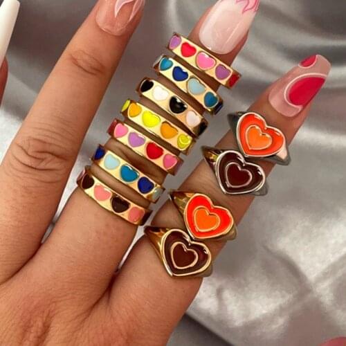 Vintage Creative Simple Colorful Double Layer Love Heart Rings For Women Enamel Dripglaze Heart Open Rings Girls Fashion Jewelry