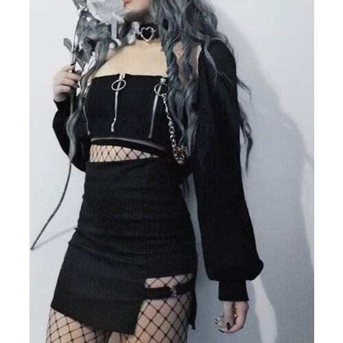 Summer Vintage Elegant Black Gothic Dress Goth Out Mini Dress Stylish T-shirt Womens Street Dark Zip Black White Cardigan