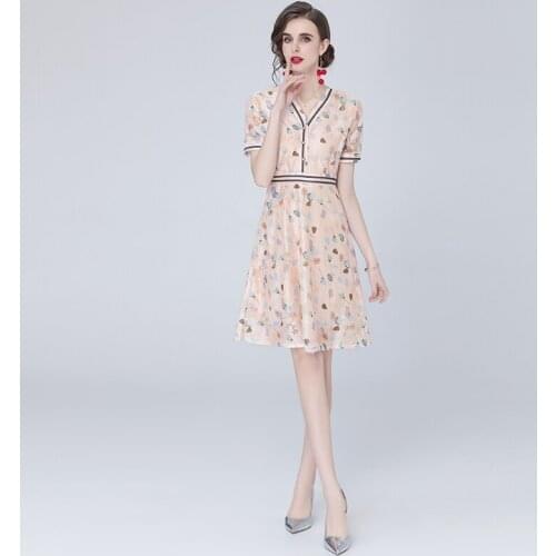 2021 New Women Dresses A-LINE Printing Mid-Calf V-Neck Women Elegant Dress Office Lady Vintage Party Night Women Summer Dresses