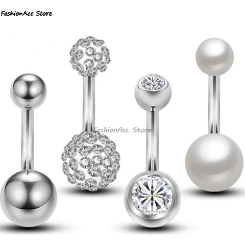 4Pcs Stainless steel Belly Button Rings Pearl Crystal Two Balls Navel Piercing Body Jewelry 14G