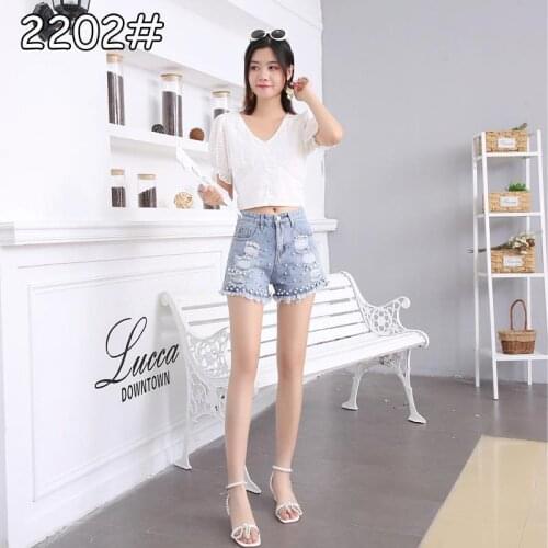 Denim Shorts Female Summer New A-line High Waist Korean Version of Loose Beaded Fashion Slimming Holes and Raw Edge Hot Pants