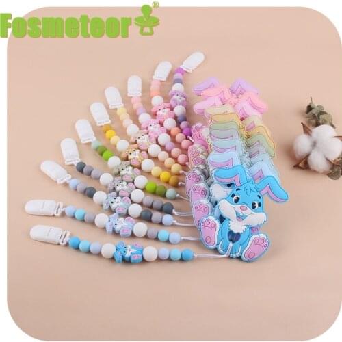 Fosmeteor 1set Baby Silicone Pacifier Chain BPA-Free Personalized Name Handmade Pacifier Clips Baby Cartoon Rabbit Teether Chain
