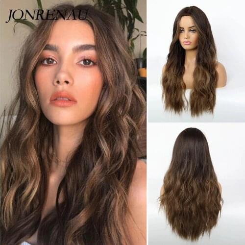 JONRENAU 24 Inches Long Synthetic Natural Wave Brown Ombre Hair Wigs Heat Resistant Hair Wigs for Black Women
