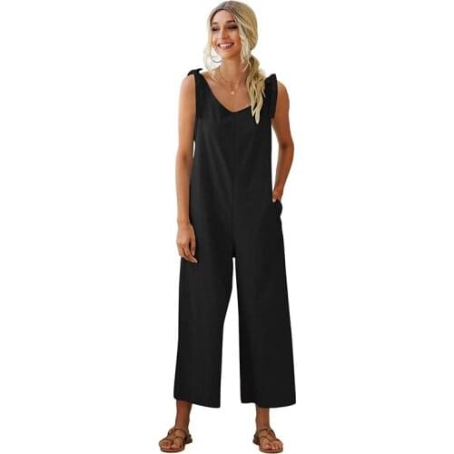 Strap V Neck Solid Color Sleeveless Backless Pocket Wide Leg Loose Waist Rompers Women Streetwear Casual Beach Playsuits