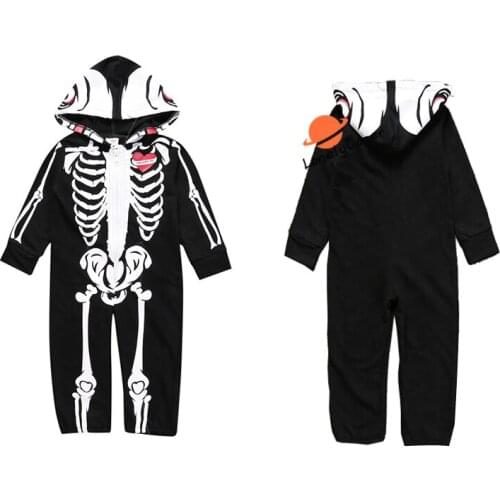 Halloween Cosplay Costume Baby Jumpsuit Black Toddler Skull Bone Skeleton Long Sleeve Zipper Hooded Romper Party Clothes