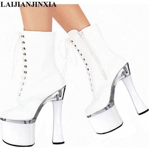 LAIJIANJINXIA New Side Zipper Ankle Boots 18Cm Square Super High Heels Cross-Tied Round Toe Solid Fashion Shoes Designers Boots