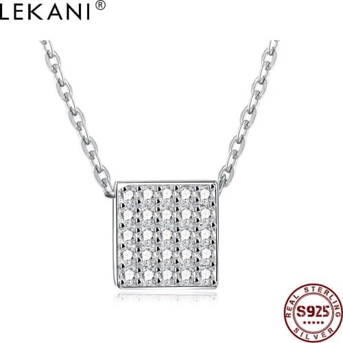 LEKANI 925 Sterling Silver Shiny Geometry Square Pendant Necklaces Simple Trendy Cubic Zirconia Necklace For Women Fine Jewelry