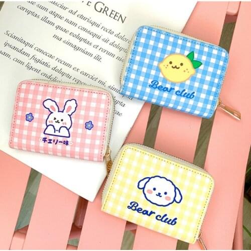 Fashion Women Card Wallet Pu Leather Credit ID Passport Holder Girls Students Cute Bear Rabbit Plaid Card Case Zipper Coin Purse