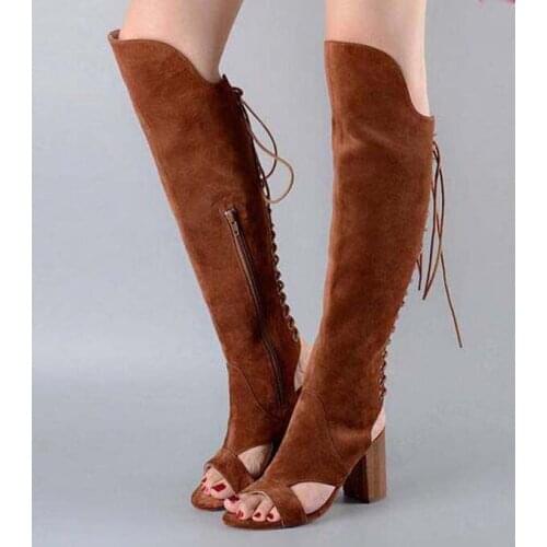 Fashion Women Slingback Chunky Heels Knee High Boots Woman Camel Black Suede Peep Toe Back Eyelet Lace Up Thin Heels Boots