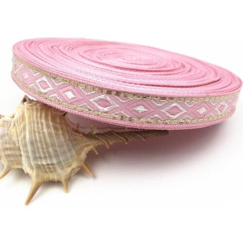 Fashion design 2018 NEW wholesale 12mm 20yards/lot pink with golden line Geometric Pattern Woven Jacquard Ribbon