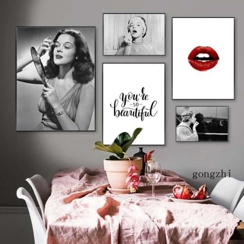 Fashion Lady Makeup Black White Photography Posters Vogue Sexy Red Lips Canvas Painting Wall Art Pictures Living Room Home Decor
