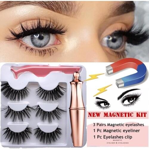 3 Pairs Magnetic Eyeliner Makeup Sets Magnetic Eyelashes With 1 Pc Magnetic Eyeliner &Tweezer Waterproof Lasting Extension