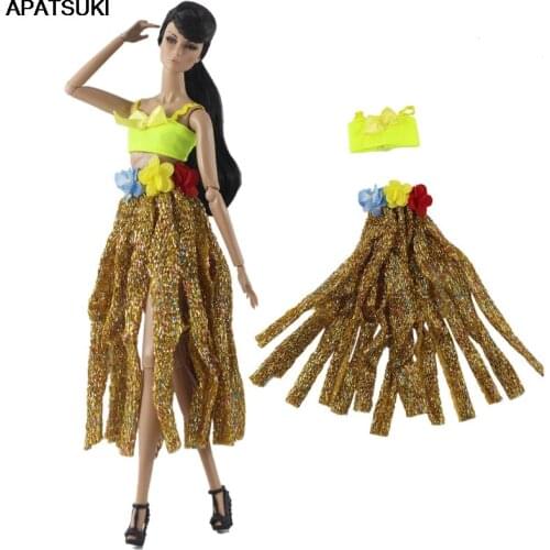 Dancing Outfits Clothes Set for Barbie Doll Clothes Yellow Top Vest Striped Skirt Hula Cosplay Costume 1/6 BJD Dolls Accessories