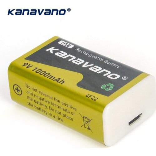 Kanavano 9V 1000mAh USB rechargeable lithium ion battery 6F22 li ion cell for wireless microphone Guitar EQ smoke alarm multimet