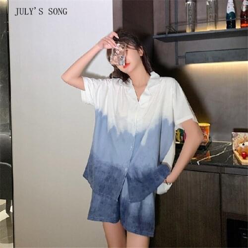 JULYS SONG New FashionCotton Woman Pajamas Set 2 Pieces Summer Sleepwear Short Sleevs Tie dye Homewear Casual Nightwear