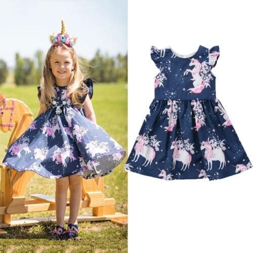 Toddler Children Little Girls Dresses Kids Baby Girls Floral Unicorn Printed Casual A-line Princess Dress Clothes