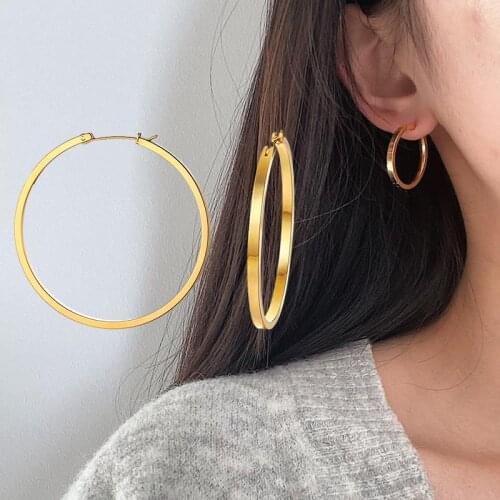 Flat Thick Circle Large Chunky Wide Hoop Earrings for Women Girls Stainless Steel Top Pierced Minimalist Jewelry
