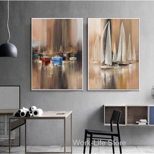 Psychedelic Surrealism Abstract Sail Boat in the ocean Canvas Oil Painting Posters and Prints Wall Art Picture Living Room Decor