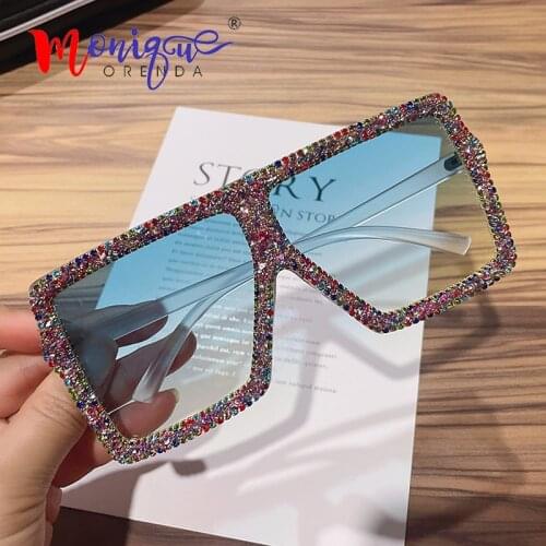 Sunglasses Women 2021 Pink and Green Candy Lens Oversized Rhinestone Sun Glasses Women Vitnage Design Square Eyewear Wholesale