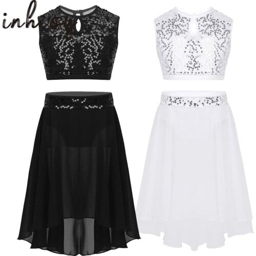 Kids Girls Crop Top Tulle Skirt Set Shiny Sequins Gymnastics Leotard Lyrical Contemporary Ballet Dancing Costumes