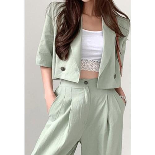 Two-Piece Suit With Trousers 2021 New Womens Summer Sexy Crop Top + High-Waist Wide-Leg Pants High-Quality Casual Linen Suit