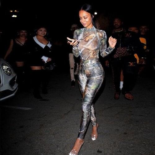 Dulzura Leaves Print Women Two Piece Set Mesh Bodysuit Long Sleeve Leggings Bodycon Sexy Streetwear 2020 Autumn Winter Matching